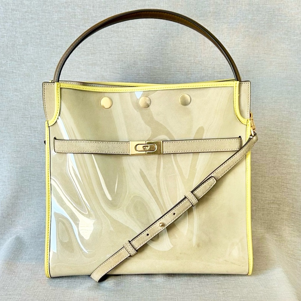 Tory Burch Large Lee Radziwill Raincoat Double Bag Satchel in Clear Multi/ Sand